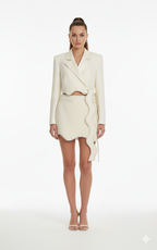 Woman wearing a cream-colored outfit on a white background